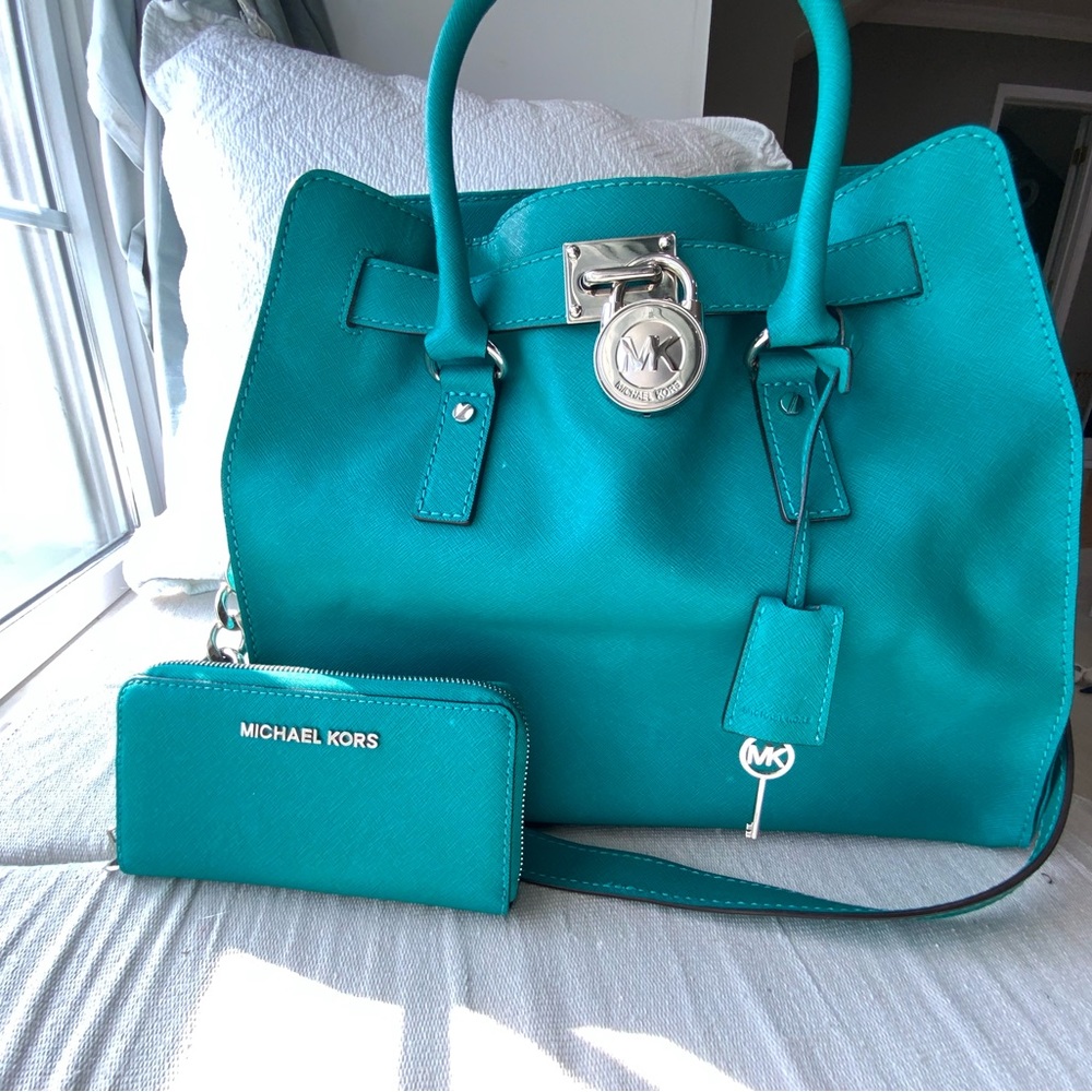 Michael Kors teal purse and wallet